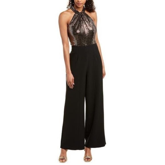 Julia Jordan Twist Halter Neck Jumpsuit Gold Metallic Wide Leg Size 8 NWT - Picture 1 of 17